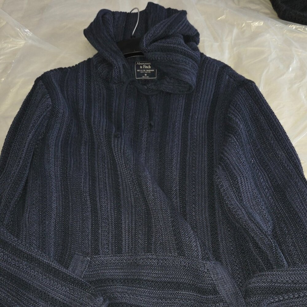 Abercrombie & Fitch Men's Navy Heavy Knit Hoodie W/ Pocket, Tall Sweater Medium